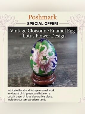 Cloisonné Egg with hand painted Floral Motif and wood stand. Vintage